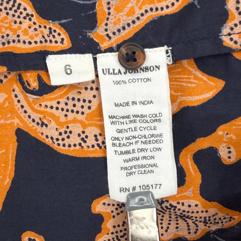 ULLA JOHNSON Gemi Blouse Women 6 Navy Orange Floral Long Sleeve Pleated Cotton - Picture 10 of 13